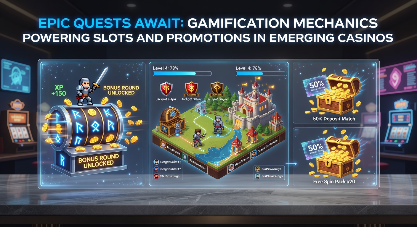 Bild von einem Spieler, der eine epische Quest in einem gamifizierten Casino-Slot abschließt, mit Levels, Badges und Belohnungen im Vordergrund
