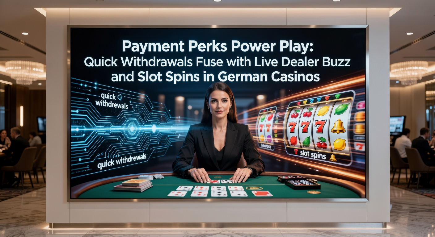 Dynamisches Bild von Spielern an Live-Dealer-Tischen mit blitzschnellen Auszahlungs-Icons und drehenden Slot-Walzen in einem modernen deutschen Online-Casino-Ambiente