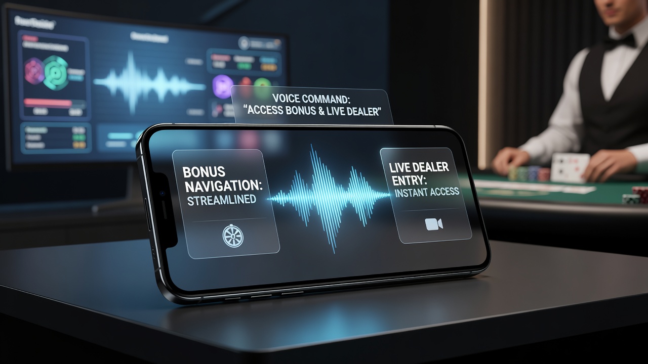 Live-Dealer-Einstieg über Sprachbefehl in einer mobilen Gaming-App mit integrierter Sprachsteuerung