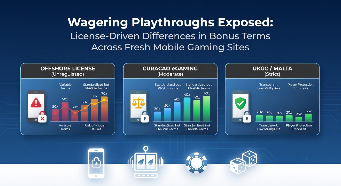 Vergleichsgrafik von Umsatzanforderungen bei Lizenzen verschiedener neuer mobiler Casinos, mit Balkendiagrammen und Lizenzlogos