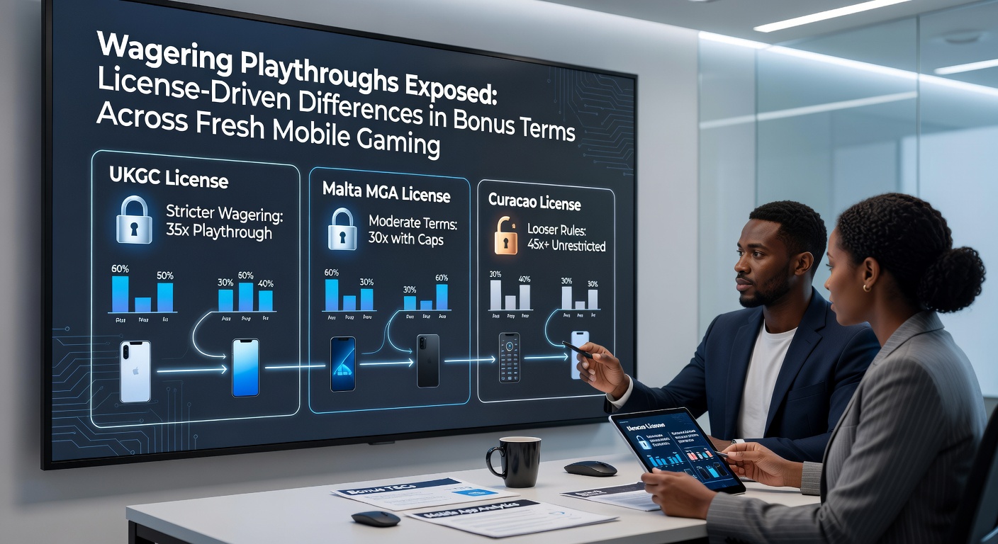 Tabelle mit Umsatzmultiplikatoren für Slots, Tischspiele und Live-Dealer bei Lizenzen wie MGA, Curacao und Ontario, inklusive Beispielen neuer mobiler Plattformen